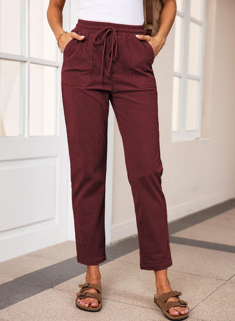EVALESS Casual Corduroy Pants for Women Spring Fashion 2026 Drawstring Elastic Waist Pants Comfy Straight Leg Trousers with Pockets Burgundy XX-Large - Image 2