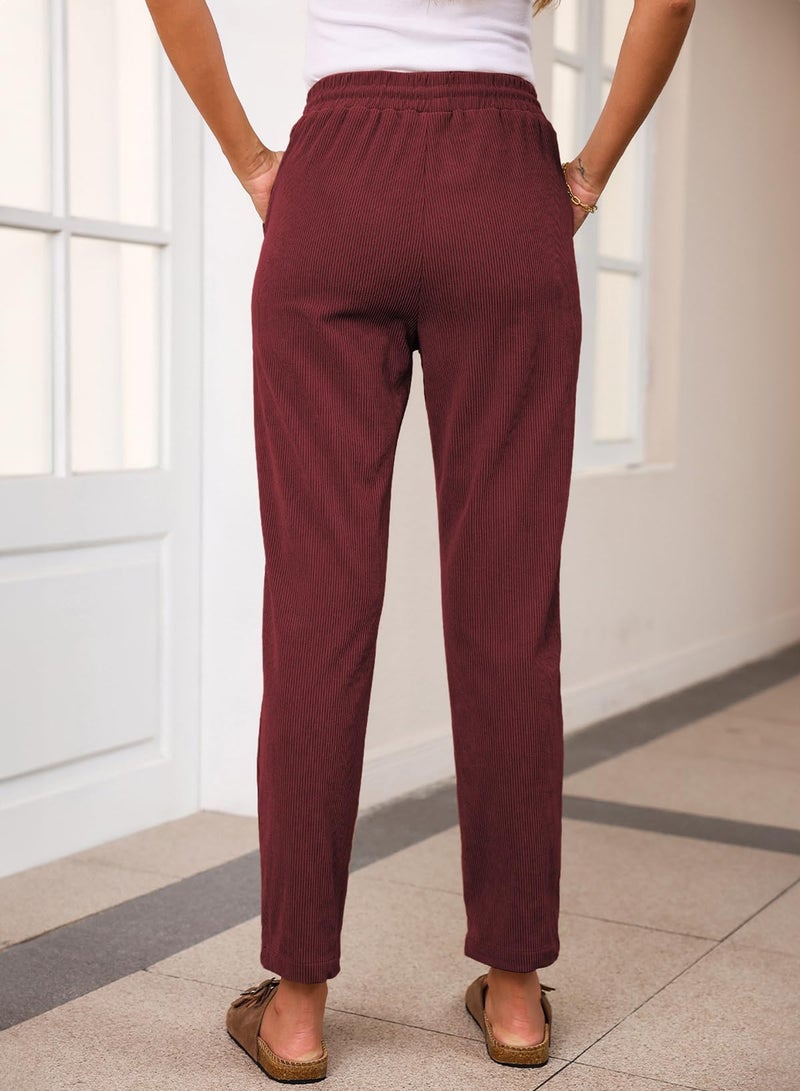 EVALESS Casual Corduroy Pants for Women Spring Fashion 2026 Drawstring Elastic Waist Pants Comfy Straight Leg Trousers with Pockets Burgundy XX-Large - Image 4