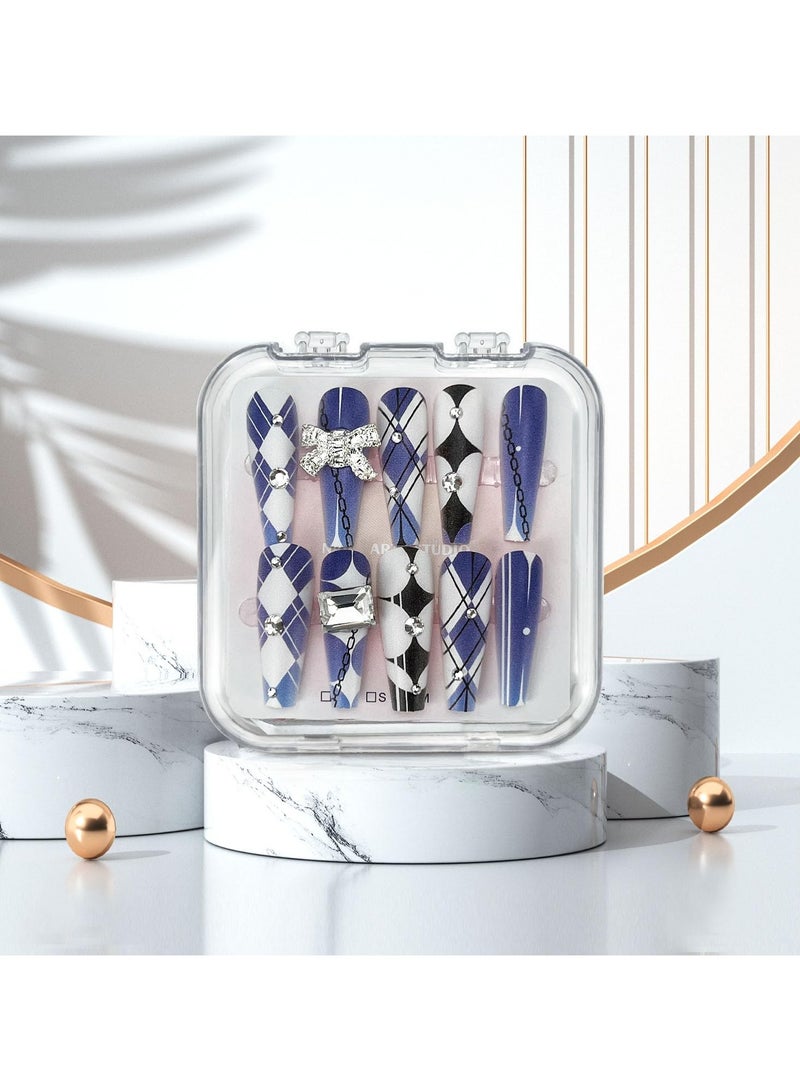 general Fake Nails, Long Frosted Surface with Diamante Butterflies, Ins Style Light Luxury Press On Nails, Women's and Girls Blue Diamond Pattern Fake Nails, 24 Pieces, Free Toolkit - Image 1