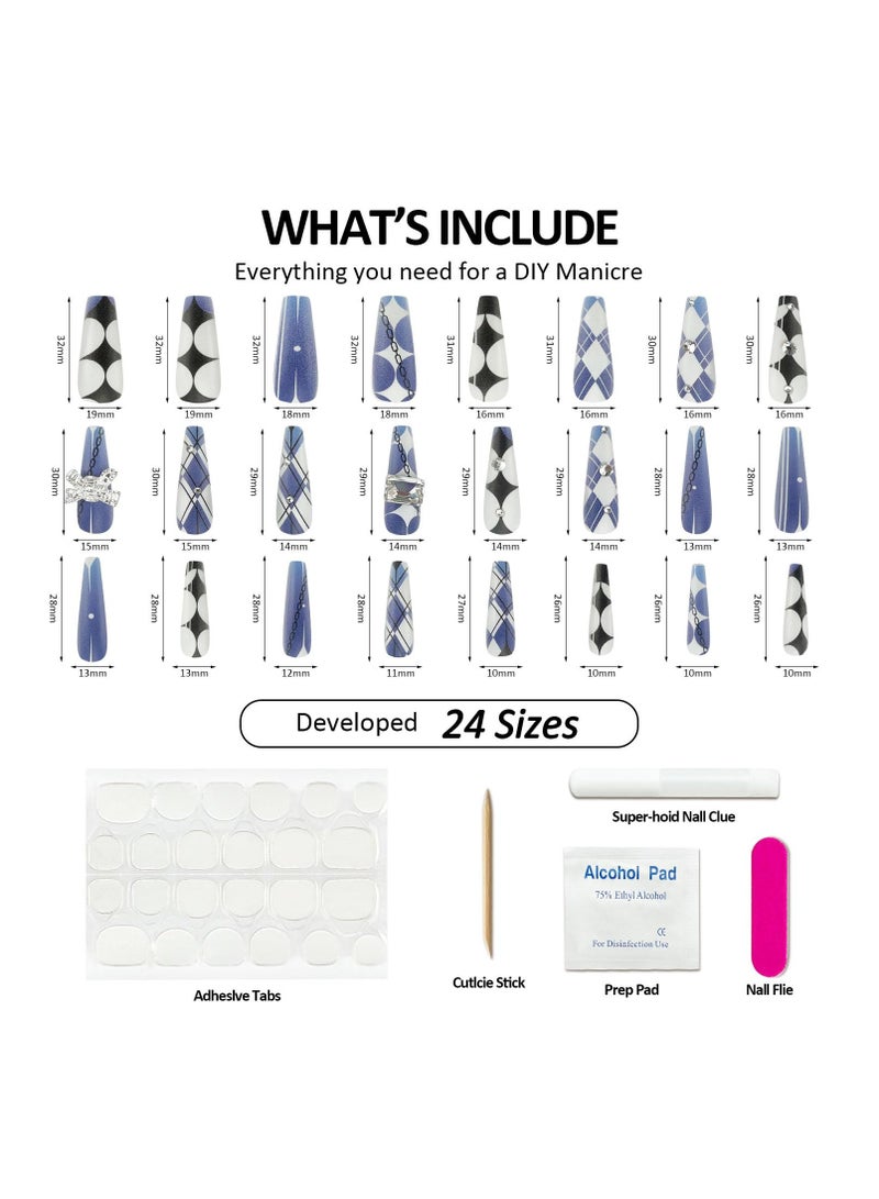 general Fake Nails, Long Frosted Surface with Diamante Butterflies, Ins Style Light Luxury Press On Nails, Women's and Girls Blue Diamond Pattern Fake Nails, 24 Pieces, Free Toolkit - Image 4