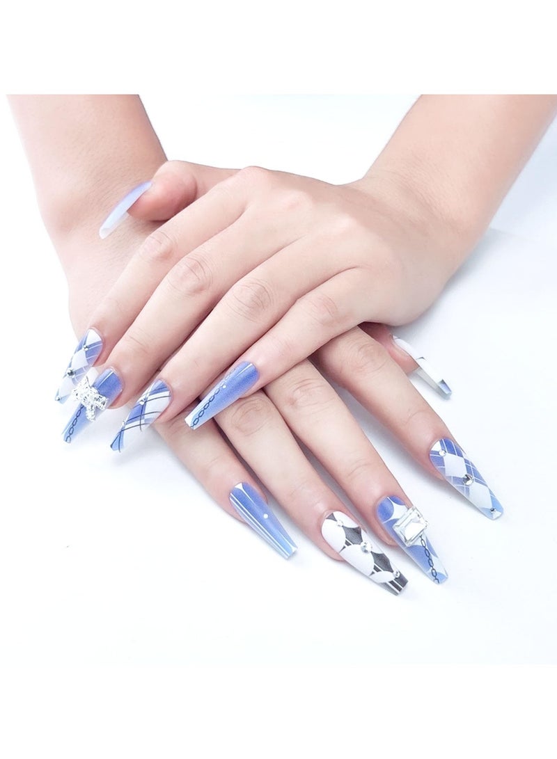 general Fake Nails, Long Frosted Surface with Diamante Butterflies, Ins Style Light Luxury Press On Nails, Women's and Girls Blue Diamond Pattern Fake Nails, 24 Pieces, Free Toolkit - Image 2