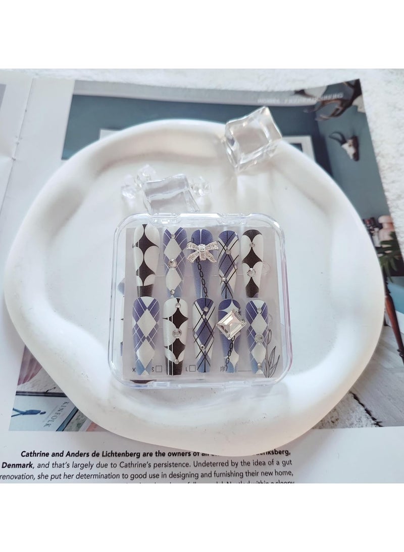 general Fake Nails, Long Frosted Surface with Diamante Butterflies, Ins Style Light Luxury Press On Nails, Women's and Girls Blue Diamond Pattern Fake Nails, 24 Pieces, Free Toolkit - Image 3