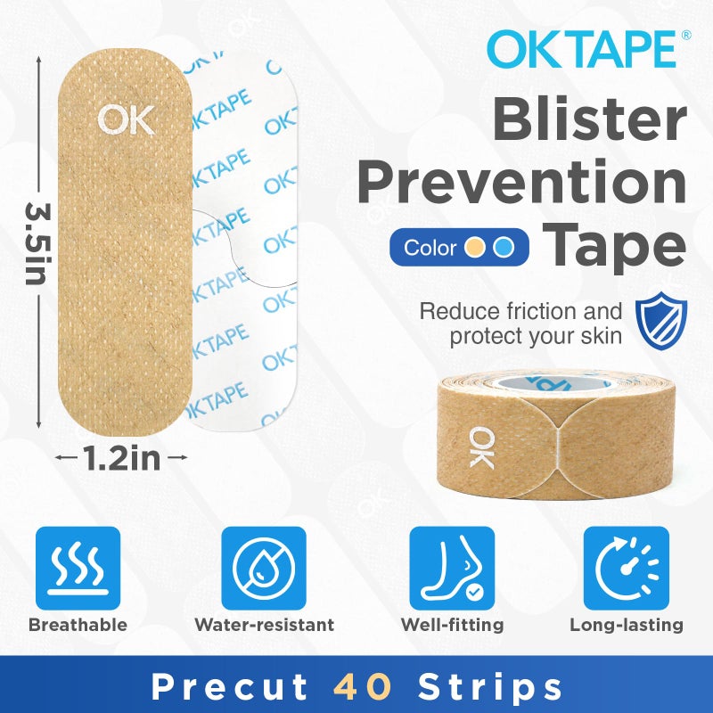 OK TAPE Blister Prevention Tape, 40 Pcs, Moleskin for Blisters, No-Residue Blister Bandages for Feet & Body, Heel Patches, 1.2in X 3.5in Precut Strips - Beige - Image 2