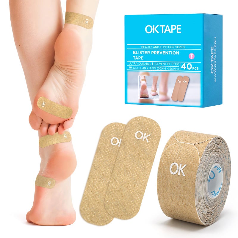 OK TAPE Blister Prevention Tape, 40 Pcs, Moleskin for Blisters, No-Residue Blister Bandages for Feet & Body, Heel Patches, 1.2in X 3.5in Precut Strips - Beige - Image 1