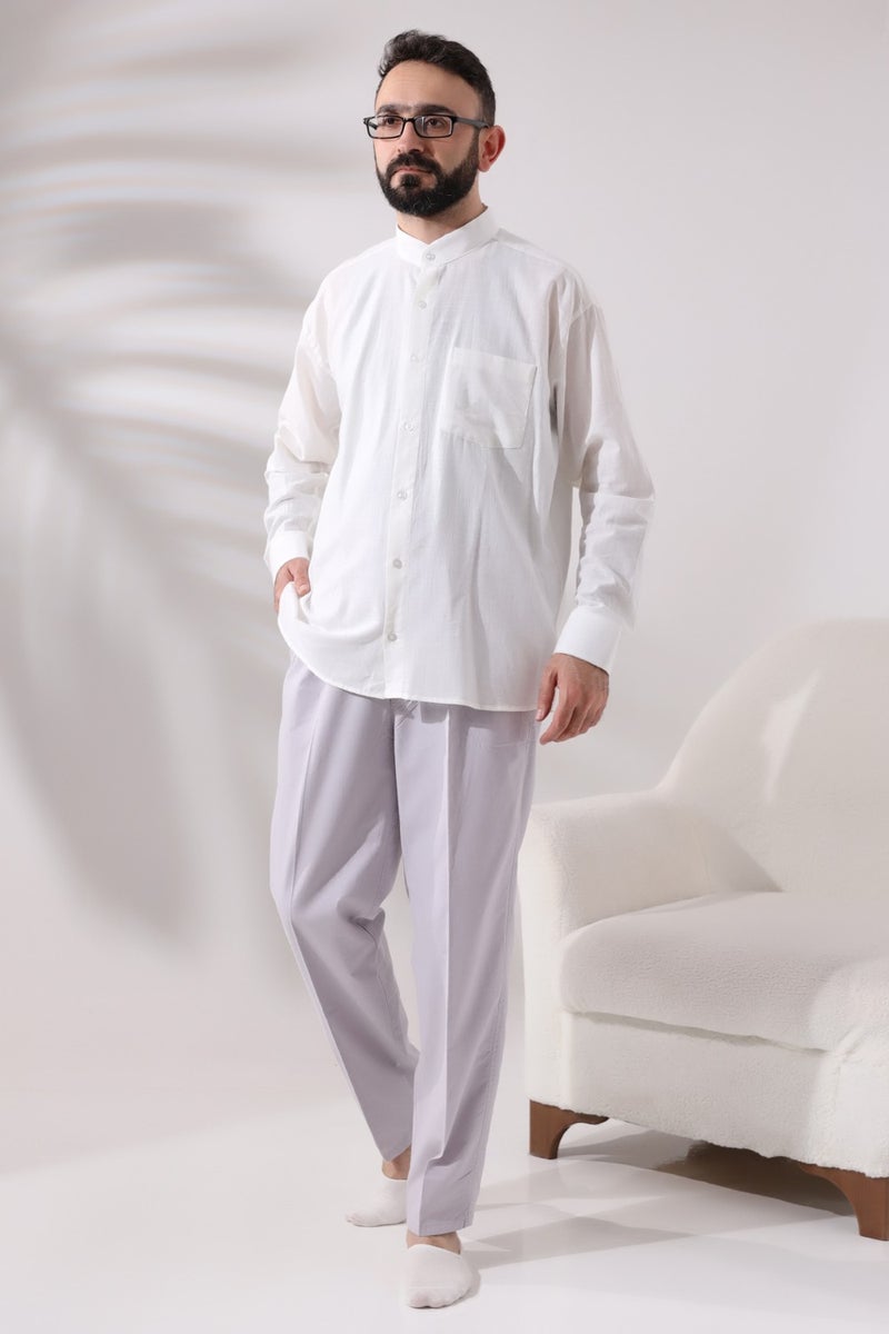 İhvan Online Ihvan Online Men's Stone Comfortable Cut Elastic Waist Linen Hajj and Umrah Shalwar Trousers  - Image 3
