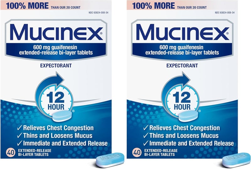 MUCINEX أقراص موستينكس لتخفيف احتقان الصدر 12 ساعة للإفراز الممتد 40 حبة 600 ملغ جوايفينيسين تخفف احتقان الصدر الناتج عن المخاط الزائد 1 موصى به من قبل الأطباء دواء بدون وصفة طبية عبوة من 2 - Image 1