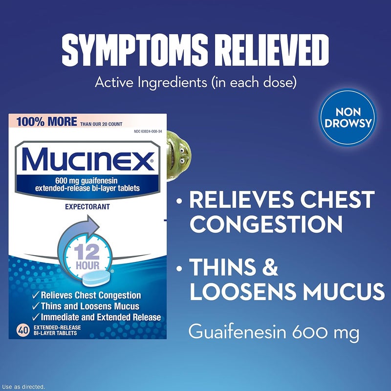 MUCINEX أقراص موستينكس لتخفيف احتقان الصدر 12 ساعة للإفراز الممتد 40 حبة 600 ملغ جوايفينيسين تخفف احتقان الصدر الناتج عن المخاط الزائد 1 موصى به من قبل الأطباء دواء بدون وصفة طبية عبوة من 2 - Image 4
