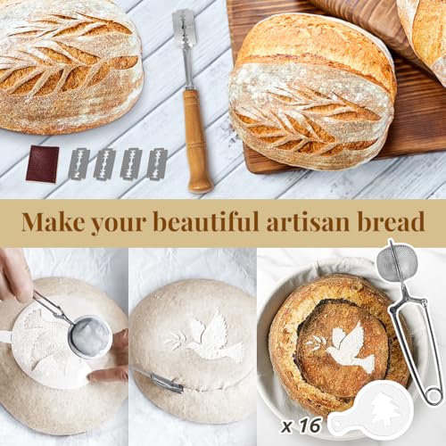 BAVIFY Sourdough Starter Kit, 9" Round & 10" Oval Banneton Bread Proofing Baskets Set, Sourdough Bread Baking Supplies Making Tools with Dough Scraper, Whisk, Bread Lame, Silicone Sling, Recipe - Image 4
