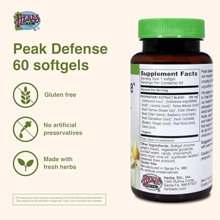 Herbs Etc. Peak Defense Softgels - Herbal Supplement for Immune Defense & Respiratory Support - Goldenseal, Echinacea Angustifolia & Yarrow - Gluten-Free & Organic - 60 Count (60 Servings) - Image 3
