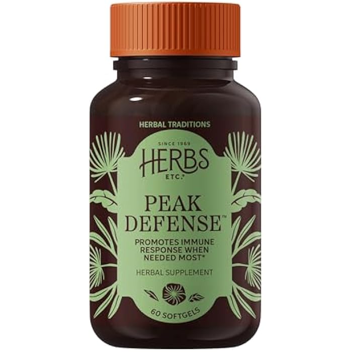 Herbs Etc. Peak Defense Softgels - Herbal Supplement for Immune Defense & Respiratory Support - Goldenseal, Echinacea Angustifolia & Yarrow - Gluten-Free & Organic - 60 Count (60 Servings) - Image 1