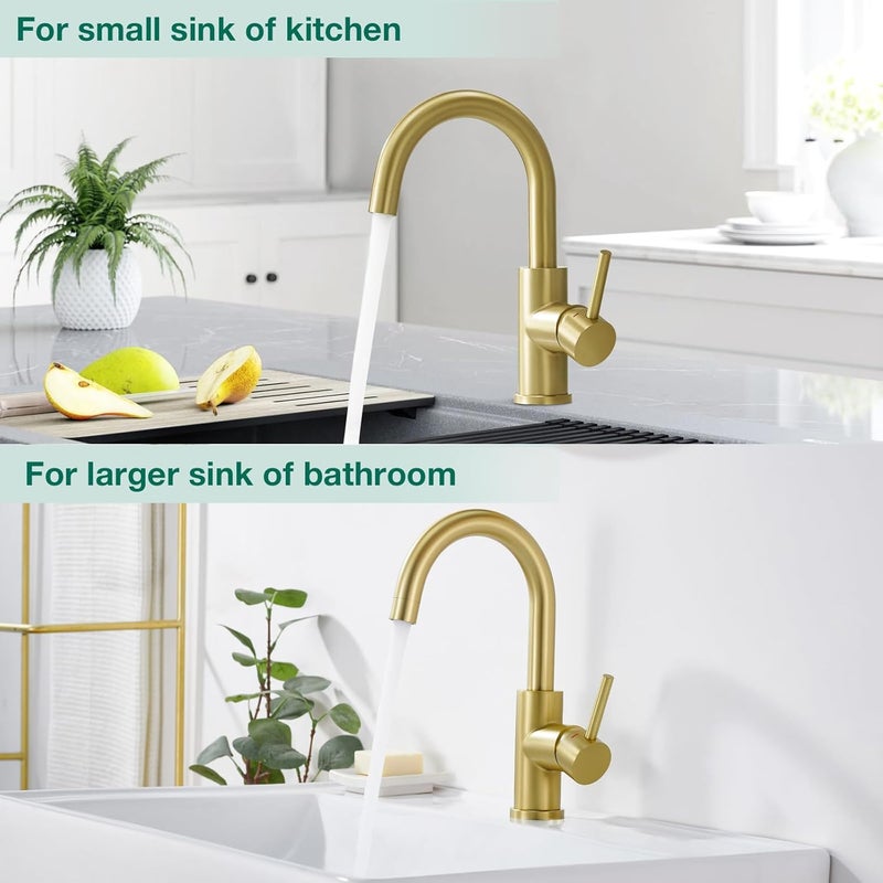 Crea Bar Sink Faucet Single Hole,Brushed Gold Faucets for Large Bathroom Basin/Small Kitchen Sink,Stainless Steel with Deck Plate,Prep Wet Bar Lavatory Vanity Outdoor - Image 3