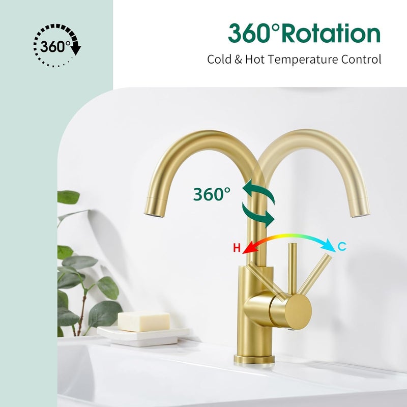 Crea Bar Sink Faucet Single Hole,Brushed Gold Faucets for Large Bathroom Basin/Small Kitchen Sink,Stainless Steel with Deck Plate,Prep Wet Bar Lavatory Vanity Outdoor - Image 4
