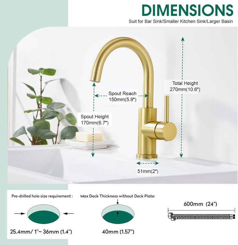 Crea Bar Sink Faucet Single Hole,Brushed Gold Faucets for Large Bathroom Basin/Small Kitchen Sink,Stainless Steel with Deck Plate,Prep Wet Bar Lavatory Vanity Outdoor - Image 2