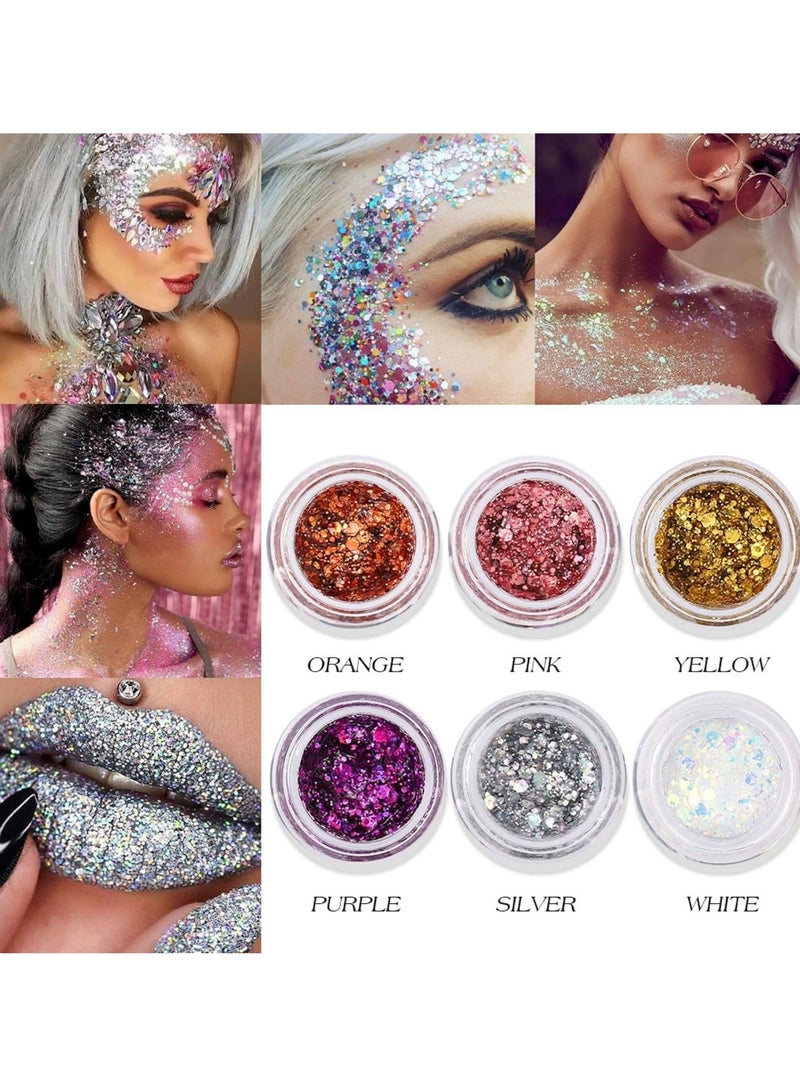 KASTWAVE 6pcs Body Glitter Gel Set - Holographic Mermaid Sequins, Chunky Face, Hair, and Nail Glitter - Festival Accessories for Makeup - Image 3