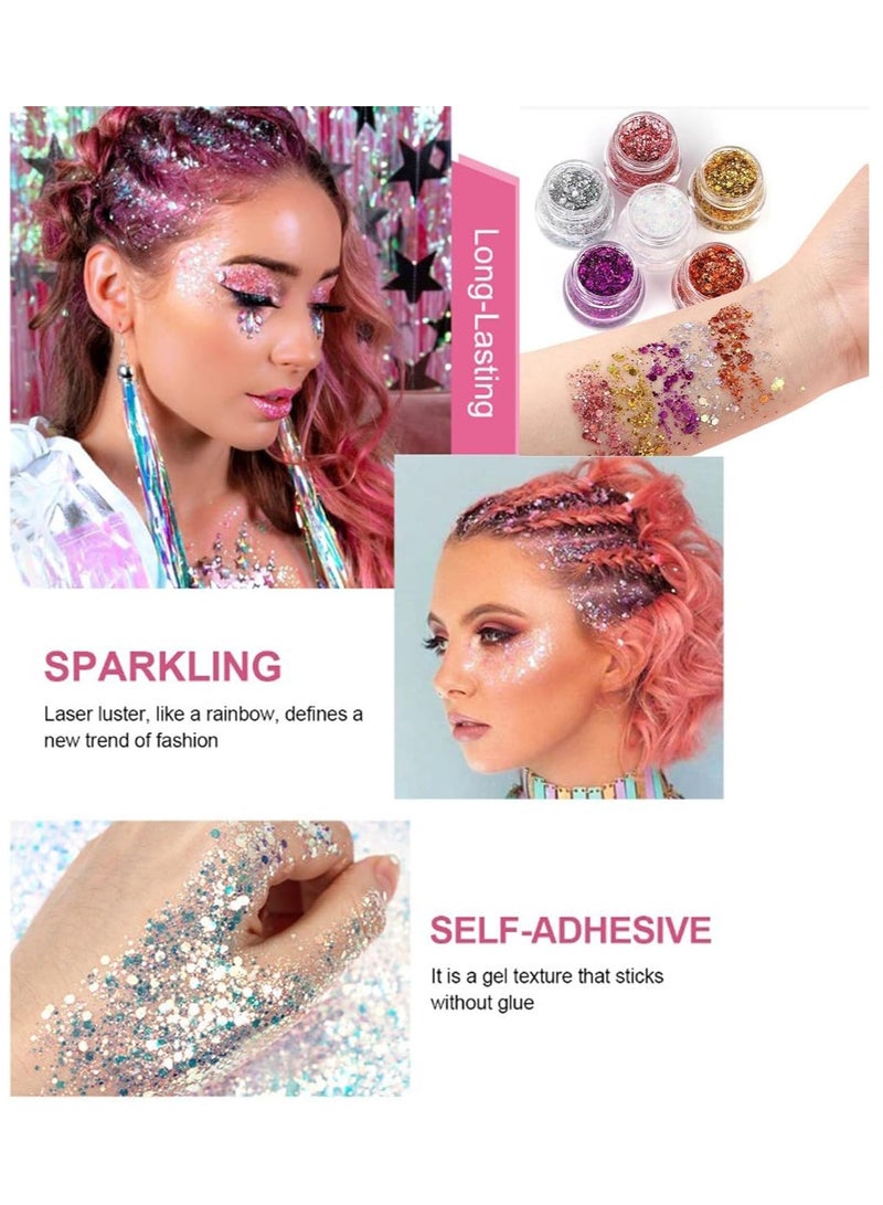 KASTWAVE 6pcs Body Glitter Gel Set - Holographic Mermaid Sequins, Chunky Face, Hair, and Nail Glitter - Festival Accessories for Makeup - Image 4