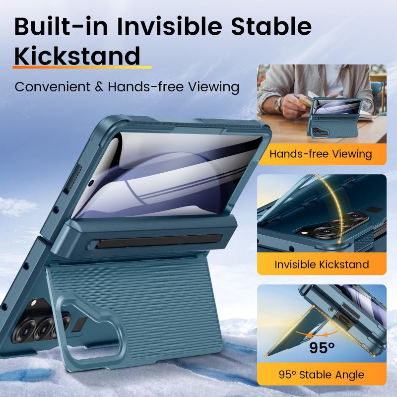 VEGO for Z-Fold-5-Case: with S Pen Holder [Hinge Protection] [Front Screen Protector][Invisible Kickstand] Heavy Duty Anti-Slip Shockproof Portective Cover for Samsung Galaxy Z fold 5 Case -Blue - Image 3