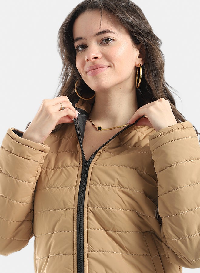 Andora Stylish zipper Closure Pump Plain Jacket _ Camel - Image 4