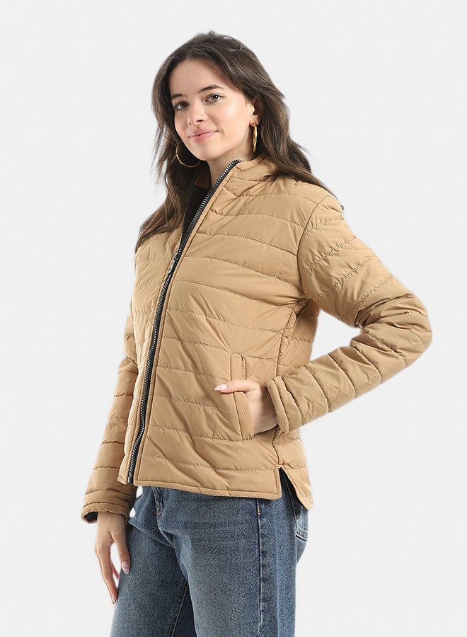 Andora Stylish zipper Closure Pump Plain Jacket _ Camel - Image 2