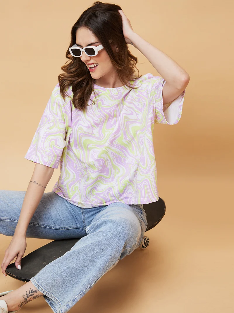 جلو باص Globus Women Abstract Printed Drop-Shoulder Pure Cotton Boxy T-Shirt