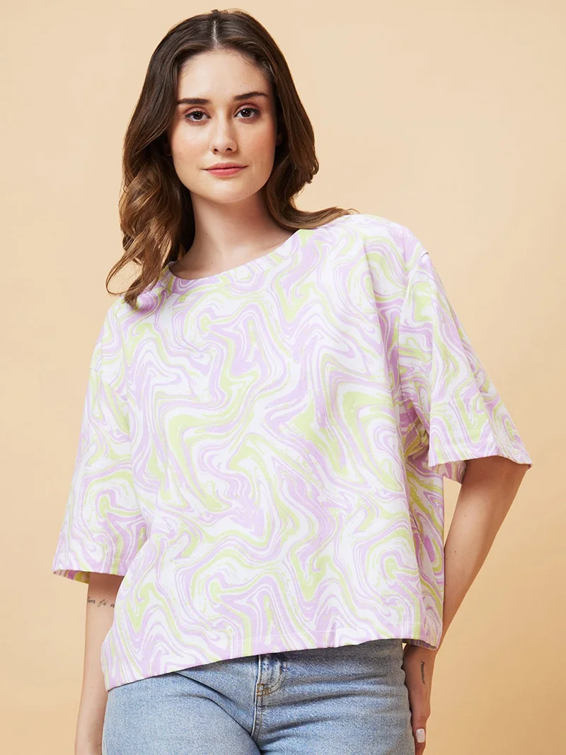 جلو باص Globus Women Abstract Printed Drop-Shoulder Pure Cotton Boxy T-Shirt