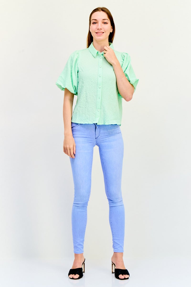 ONLY قميص نسائي بأكمام قصيرة وياقة مدببة، أخضر نعناعي - Image 2