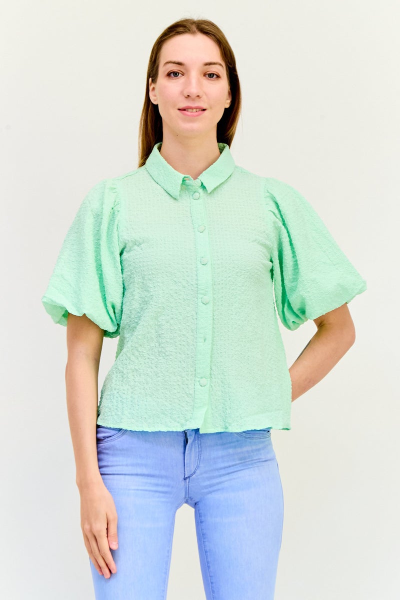 ONLY قميص نسائي بأكمام قصيرة وياقة مدببة، أخضر نعناعي - Image 1