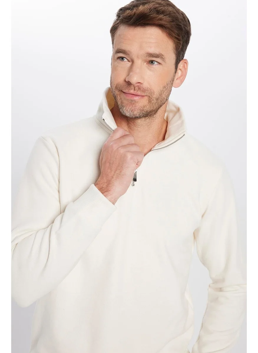 Tudors Unisex Relax Fit Comfortable Cut Ribbed Patterned Cotton Half Zipper Ecru Stand Collar Sweatshirt