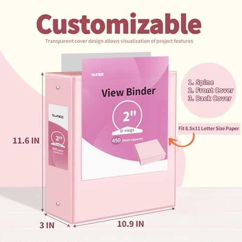 SUNEE 3 Ring Binder 2 Inch 2 Pack, Clear View Binder Three Ring PVC-Free (Fit 8.5x11 Inches) for School or Office Supplies, Pink - Image 2