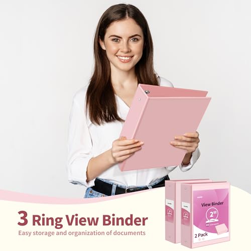 SUNEE 3 Ring Binder 2 Inch 2 Pack, Clear View Binder Three Ring PVC-Free (Fit 8.5x11 Inches) for School or Office Supplies, Pink - Image 5
