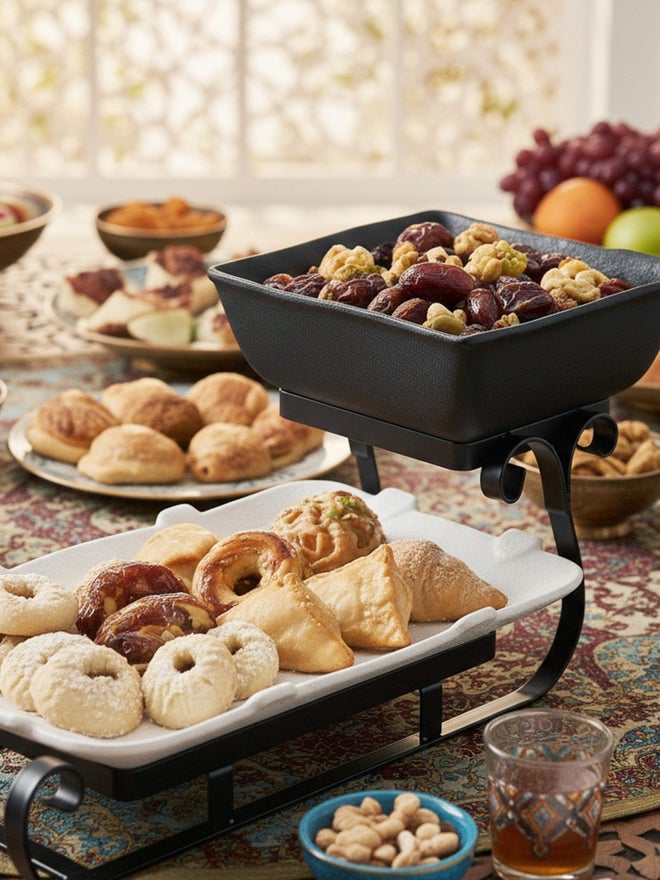 Shallow 2-Tier Home Serving Set Porcelain Square Bowl and Rectangular Platter - Image 3