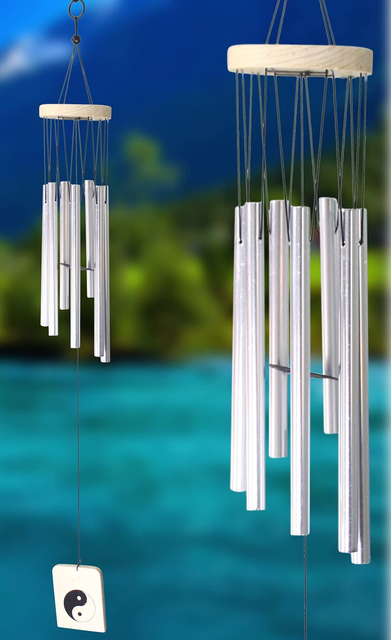 Lilone Wood Aluminum 7 Pipe Silver Wind Chimes For Home Positive Energy | Windchimes For Balcony Bedroom With Sweet Sound | 24 Inch Long - Image 1