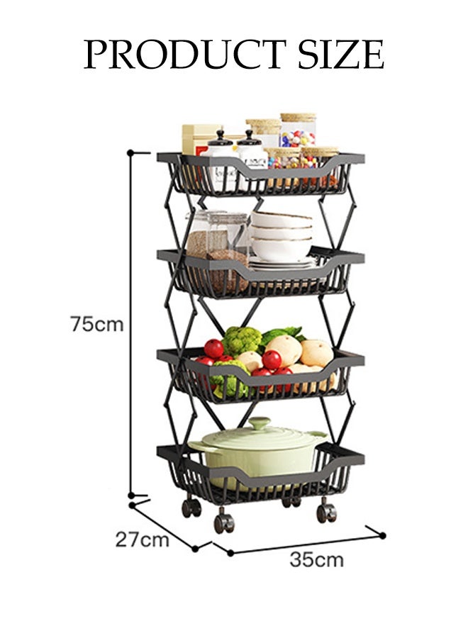 DUNISO 4-Tier Large Capacity Metal Wire Fruit And Vegetable Storage Basket with Wheels,Foldable Shelves Organizer For Kitchen ，Basement and Pantry，No Assembly Required Storage Rack(Black) - Image 2
