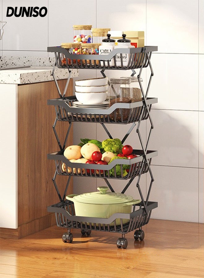 DUNISO 4-Tier Large Capacity Metal Wire Fruit And Vegetable Storage Basket with Wheels,Foldable Shelves Organizer For Kitchen ，Basement and Pantry，No Assembly Required Storage Rack(Black) - Image 1