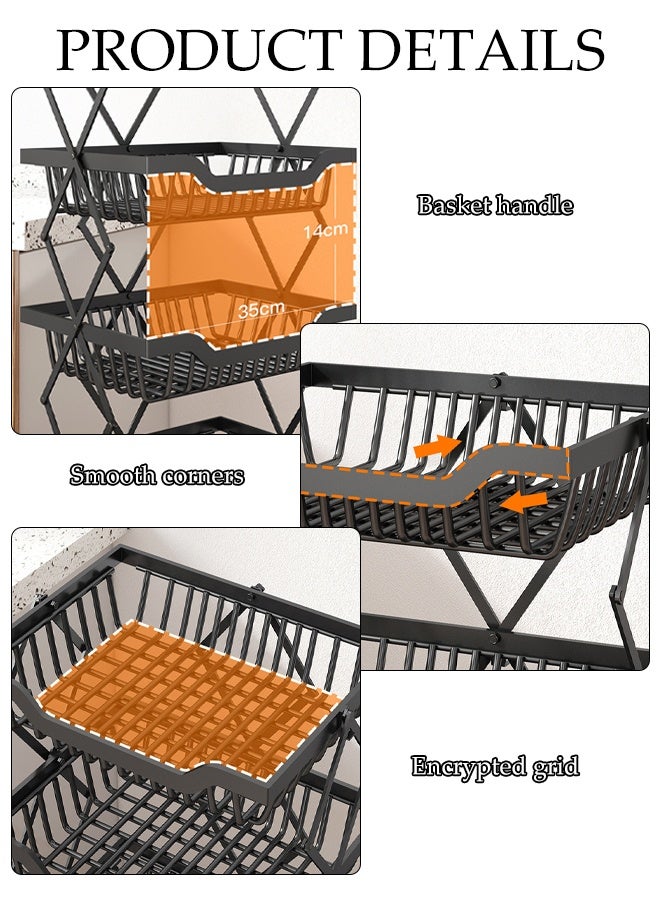 DUNISO 4-Tier Large Capacity Metal Wire Fruit And Vegetable Storage Basket with Wheels,Foldable Shelves Organizer For Kitchen ，Basement and Pantry，No Assembly Required Storage Rack(Black) - Image 3