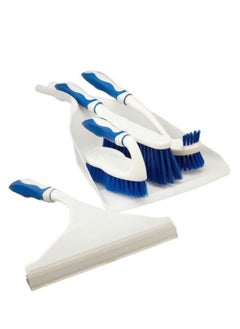 Generic A plastic shovel with a soft handle, a sweeping brush for all surfaces, a carpet brush, and a bathroom brush, blue in color  - Image 1