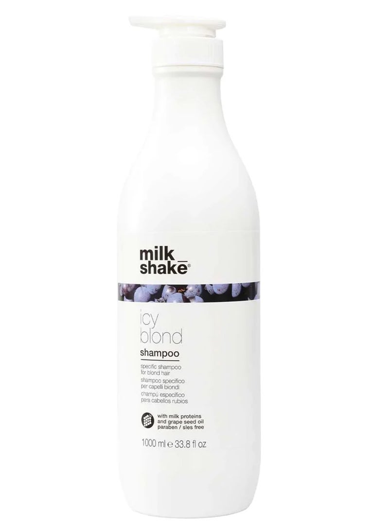 Milk Shake شامبو آيسي بلوند – شامبو مضاد للصفراء مع صبغة سوداء للشعر الأشقر الفاتح جداً والشعر البلاتيني – خالي من SLES والبارابين مع زيت بذور العنب وIntegrity 41 لدرجات الرمادي، اللمعان وحماية اللون، 1 لتر - Image 1
