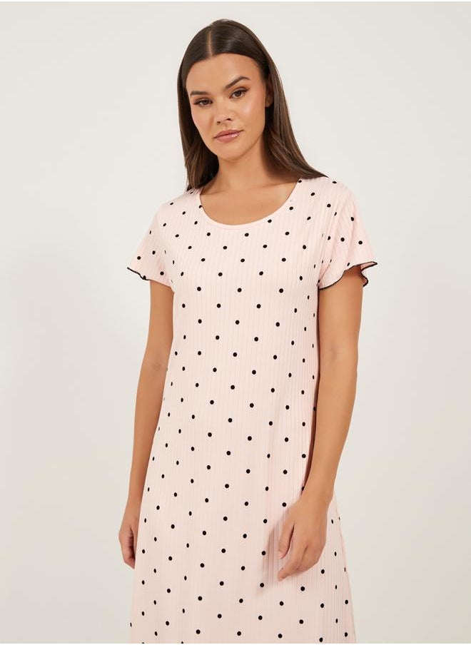 Styli - Polka Dot Print Lace Hem Round Neck T-Shirt Dress - Image 1