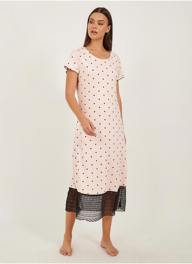 Styli - Polka Dot Print Lace Hem Round Neck T-Shirt Dress - Image 1