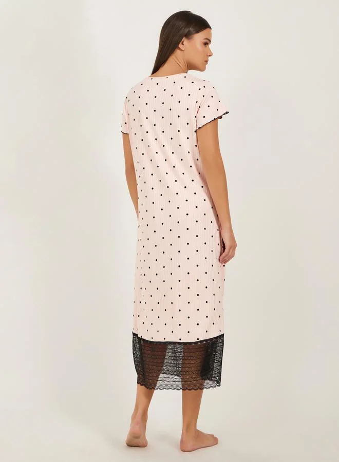 Styli Polka Dot Print Lace Hem Round Neck T-Shirt Dress