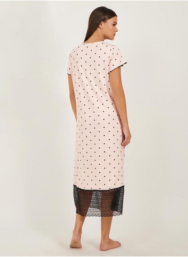 Styli - Polka Dot Print Lace Hem Round Neck T-Shirt Dress - Image 1