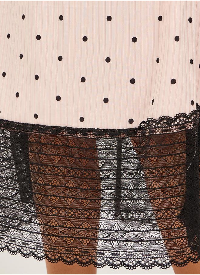 Styli - Polka Dot Print Lace Hem Round Neck T-Shirt Dress - Image 1