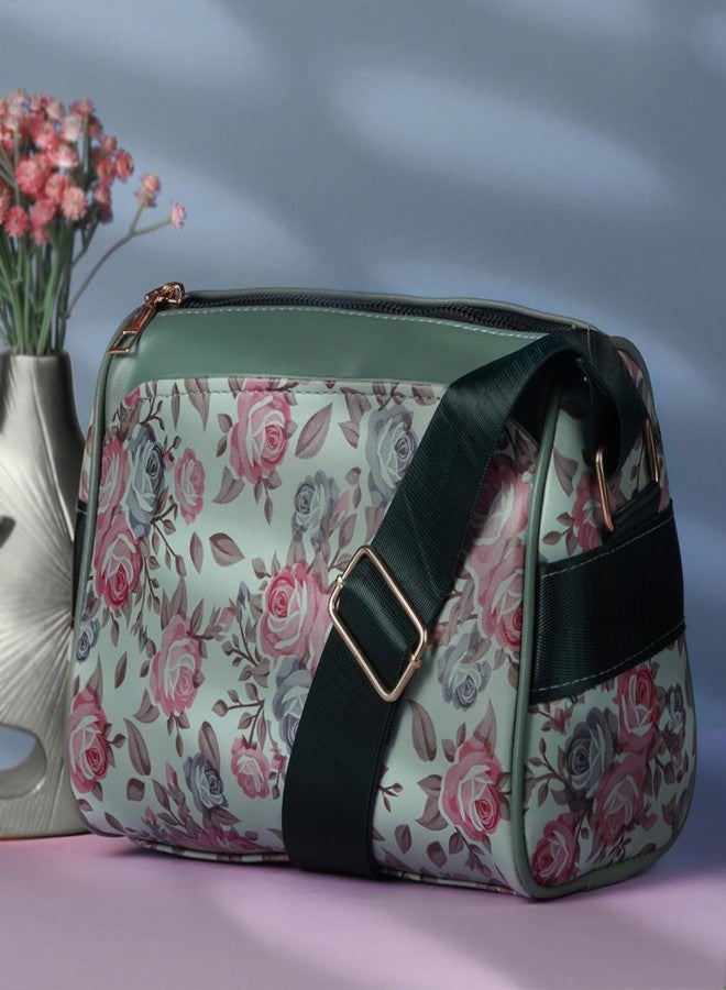 DOSYSO Floral Printed Sling Bags for Women with Broad Strap Multiple Compartments Stylish Latest Ladies Purse Big Size Shoulder Hand Bags Wide Belt Crossbody Side Bag College Girls Party Daily Use (Green) - Image 2