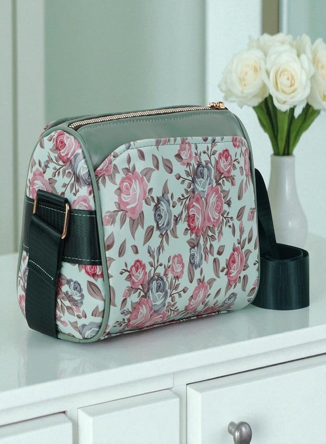 DOSYSO Floral Printed Sling Bags for Women with Broad Strap Multiple Compartments Stylish Latest Ladies Purse Big Size Shoulder Hand Bags Wide Belt Crossbody Side Bag College Girls Party Daily Use (Green) - Image 3