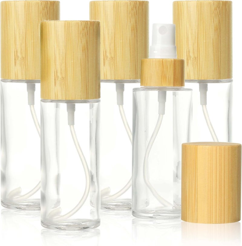 COSIDEA 6 pcs Empty 1.67oz /50ml bamboo lid Clear glass fine mist spray bottles liquid perfume toiletries containers, travel toner bottle sprayer
