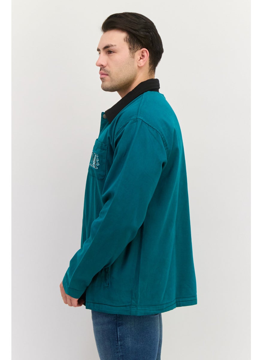 Night Addict Men Embroidered Logo Jacket Shirt, Teal Green  - Image 2