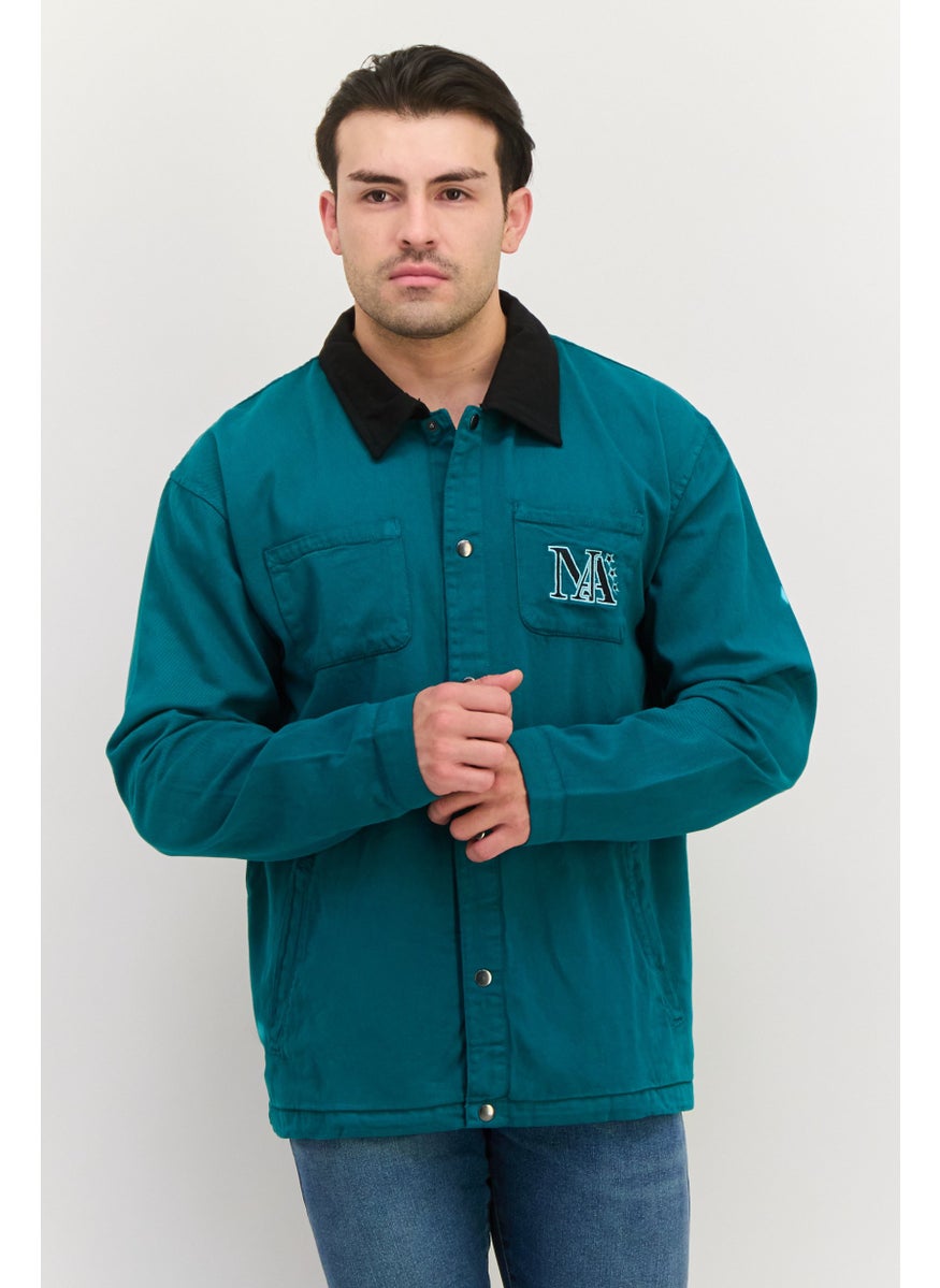 Night Addict Men Embroidered Logo Jacket Shirt, Teal Green  - Image 1