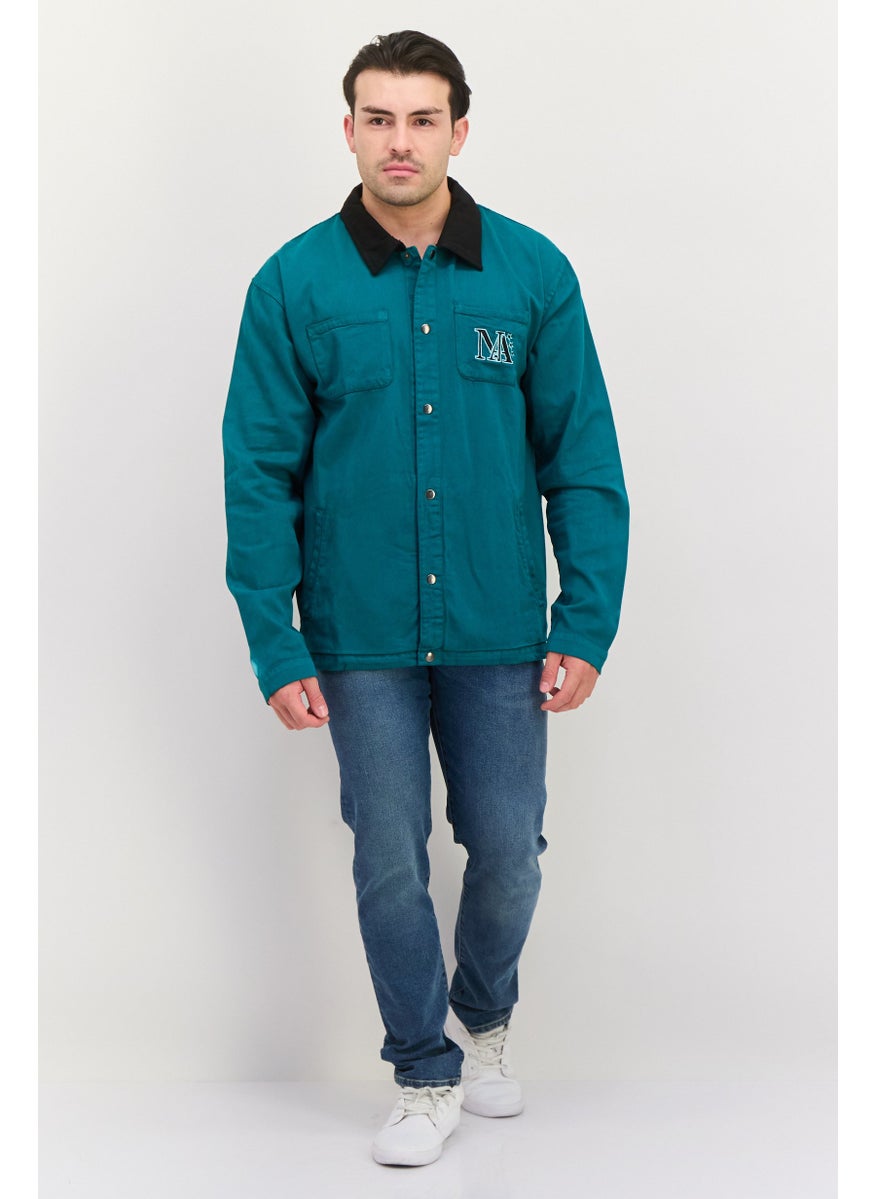 Night Addict Men Embroidered Logo Jacket Shirt, Teal Green  - Image 3