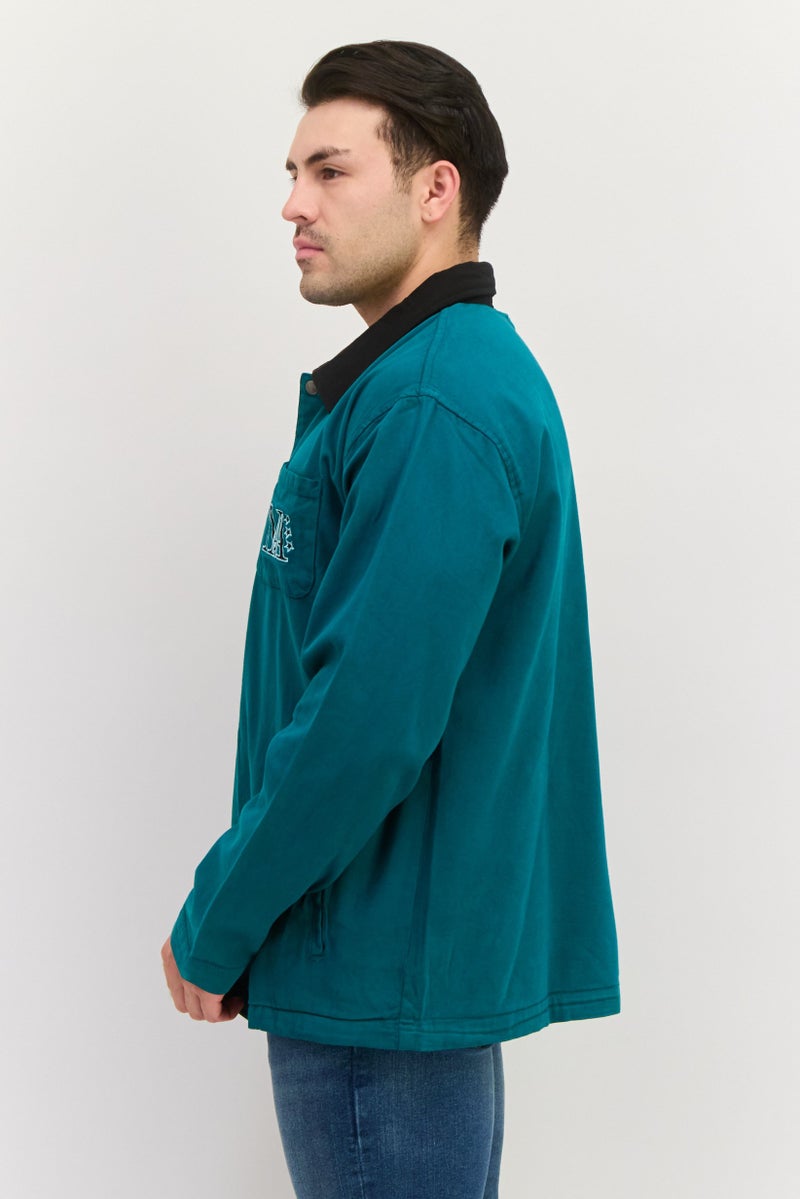 Night Addict Men Embroidered Logo Jacket Shirt, Teal Green - Image 4