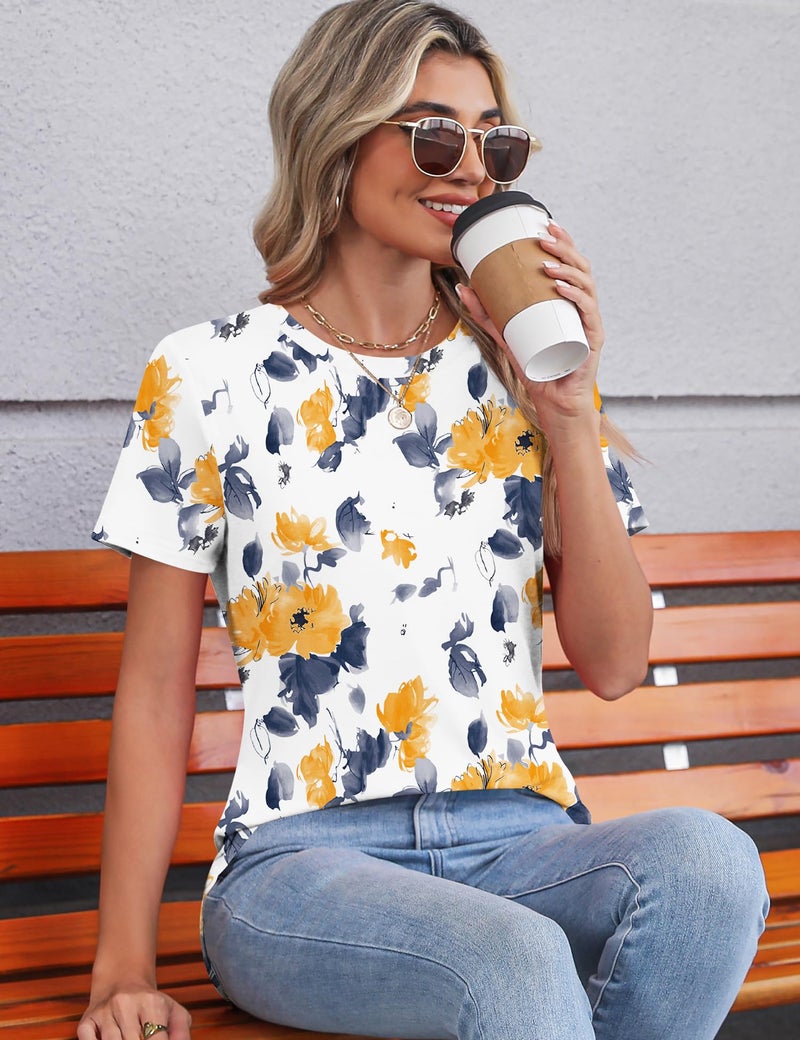 TCOT Womens Shirts Dressy Casual Short Sleeve 2026 Trendy Elegant Loose Casual Crew Neck Blouses Yellow Floral XL - Image 5