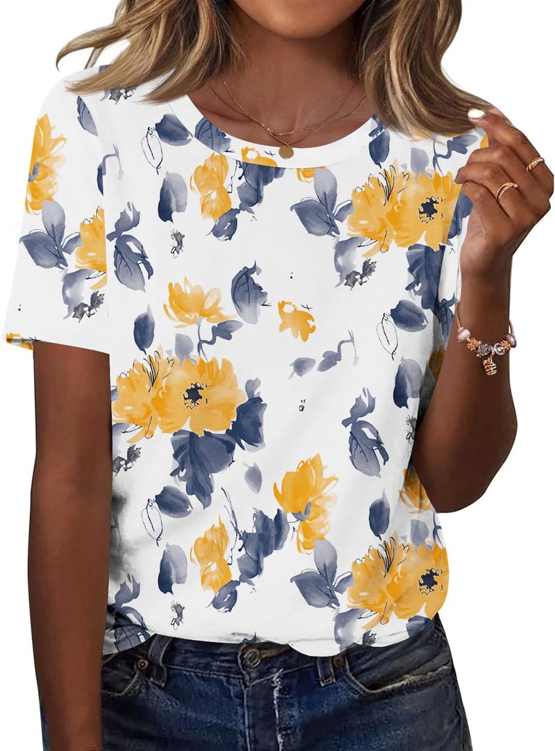 TCOT Womens Shirts Dressy Casual Short Sleeve 2026 Trendy Elegant Loose Casual Crew Neck Blouses Yellow Floral XL - Image 1